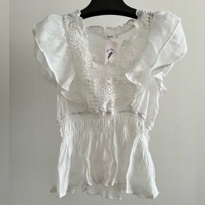 White Blouse with Lace Front and Square Neck
